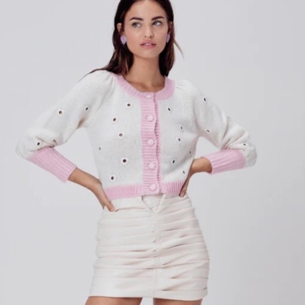 For Love & Lemons Lovejoy Cropped Cardigan in Ivory and Pink